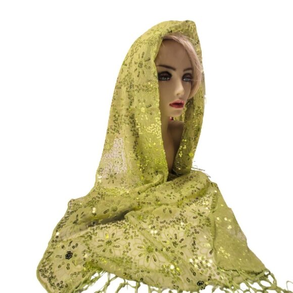 Green Sequin Evening Wedding Formal Scarf with Tassels - NEW - Picture 4 of 6